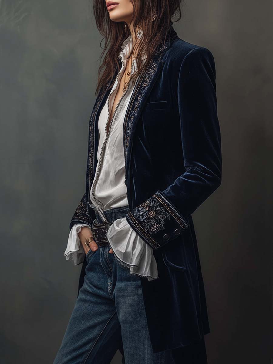 Τώρα | Μακρύ βελούδινο παλτό με εκλεπτυσμένα κεντήματα