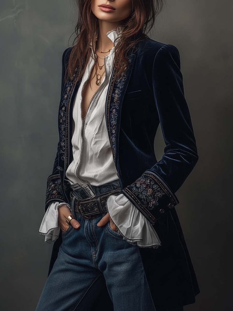 Τώρα | Μακρύ βελούδινο παλτό με εκλεπτυσμένα κεντήματα