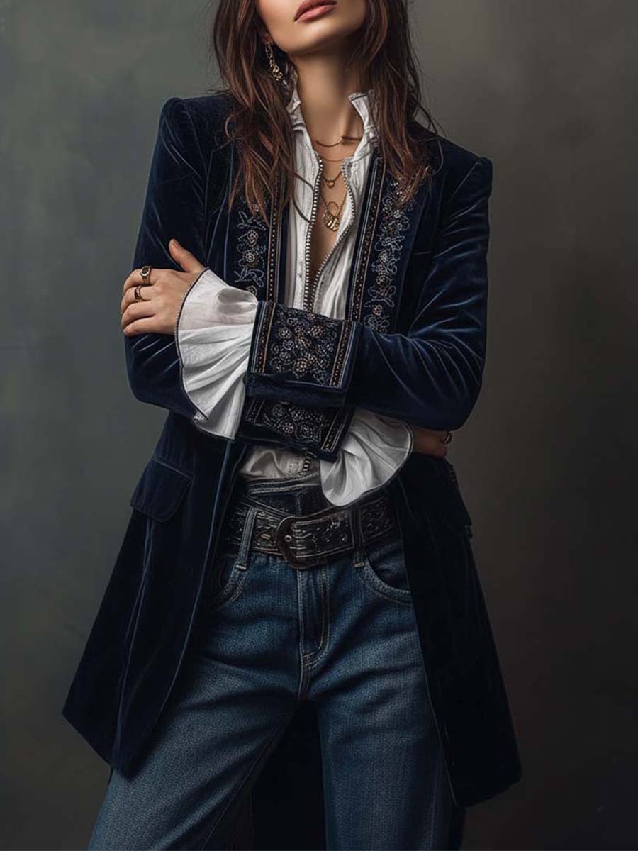 Τώρα | Μακρύ βελούδινο παλτό με εκλεπτυσμένα κεντήματα