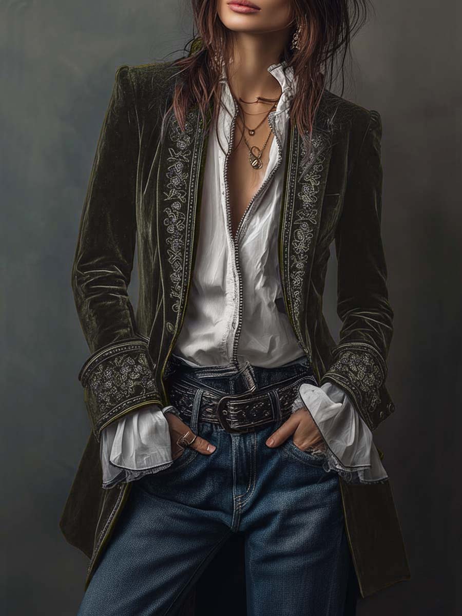 Τώρα | Μακρύ βελούδινο παλτό με εκλεπτυσμένα κεντήματα