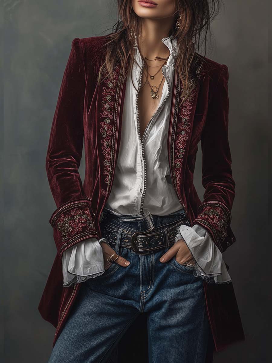 Τώρα | Μακρύ βελούδινο παλτό με εκλεπτυσμένα κεντήματα