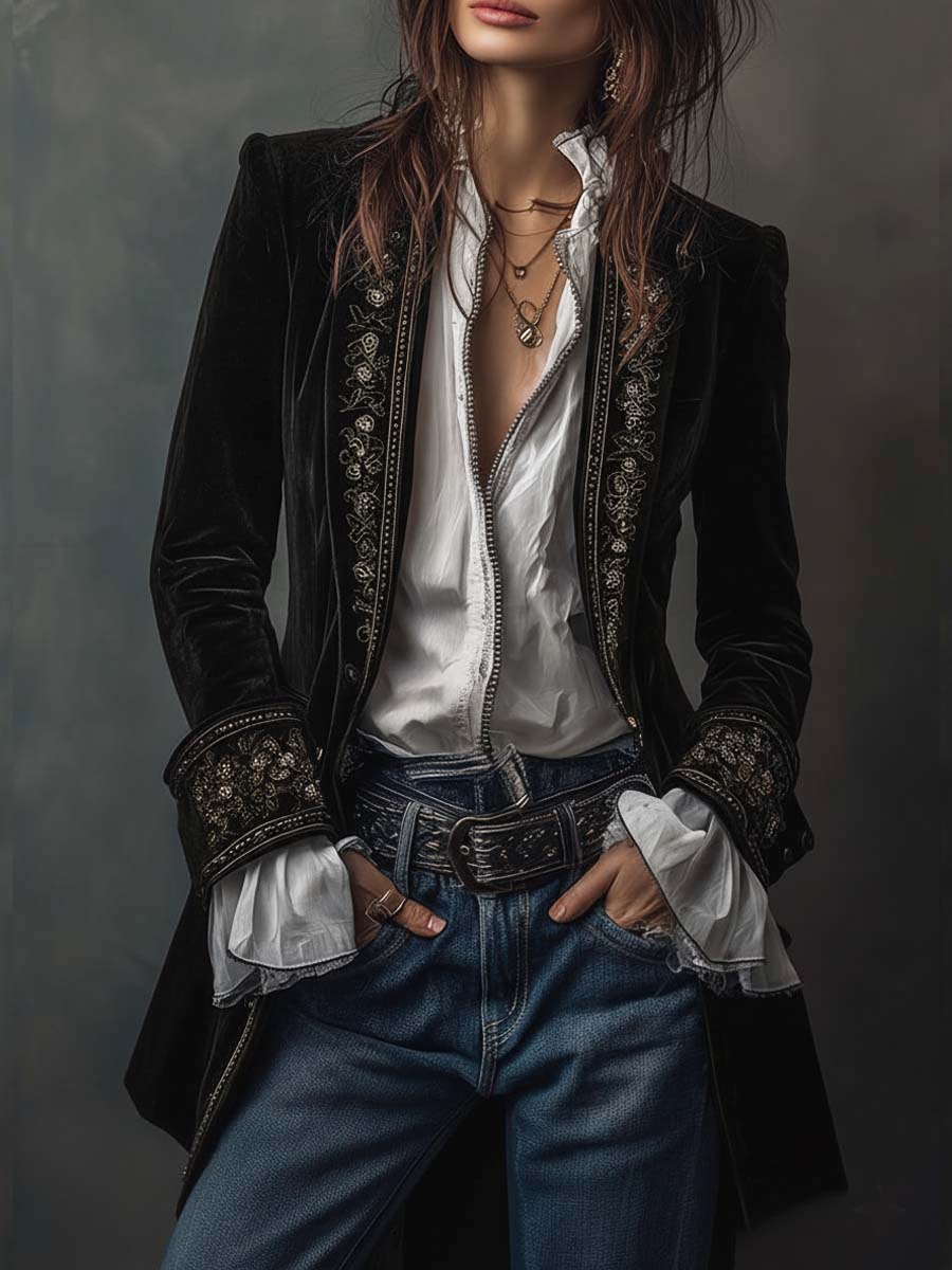 Τώρα | Μακρύ βελούδινο παλτό με εκλεπτυσμένα κεντήματα