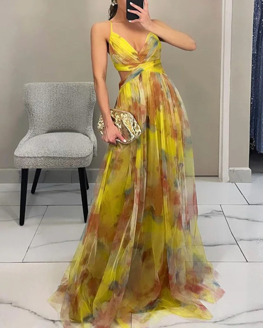 Γκισέλ - Μαγεμένο μακρύ φόρεμα με λουλουδάτο σχέδιο