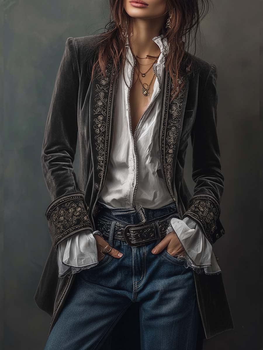 Τώρα | Μακρύ βελούδινο παλτό με εκλεπτυσμένα κεντήματα